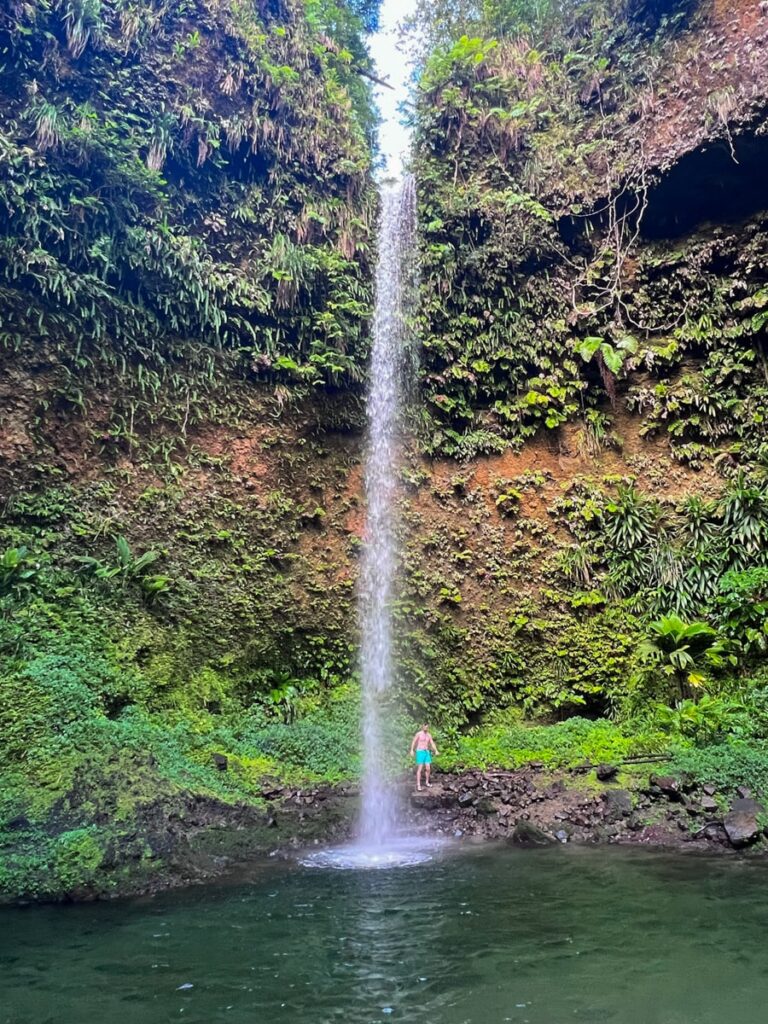 Man standing at the base of Spanny Falls about to jump into the swimming hole