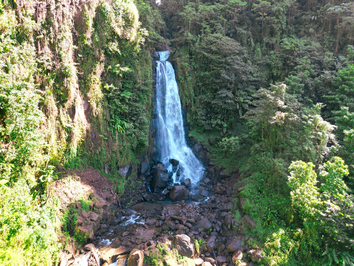 aerial view of "mother" falls, the smaller waterfall of the twin falls