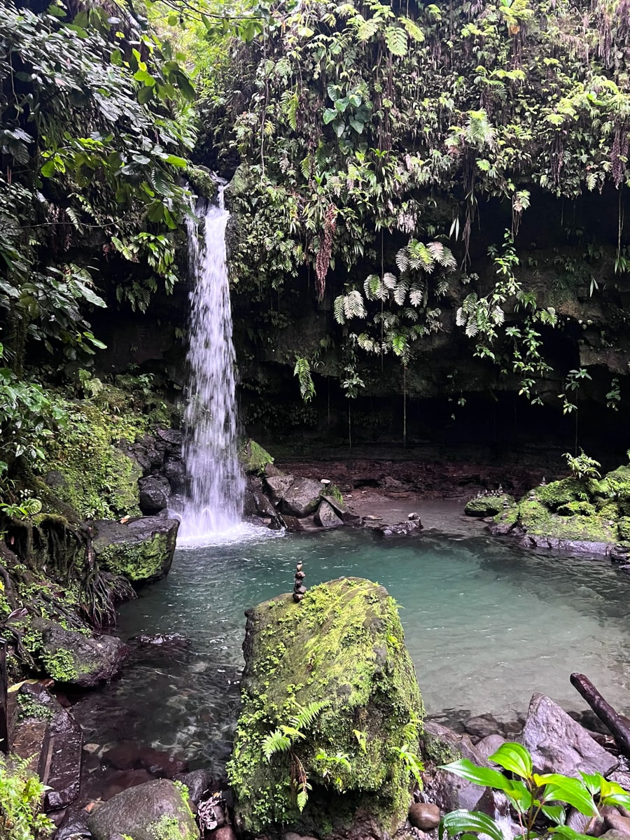 Emerald Pool Falls, Dominica, surrounded by lush greenery and rocks