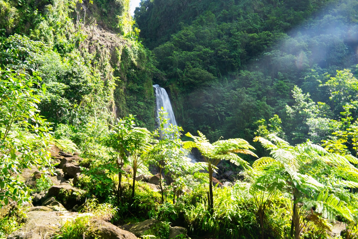 sun rays shining on "mother" falls at trafalgar falls in Dominica