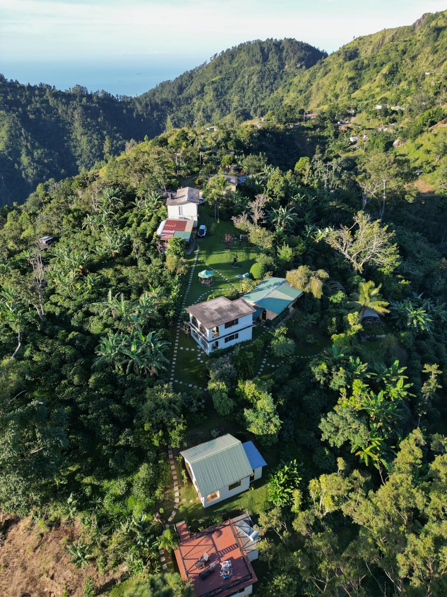 aerial view of Lime Tree Farm on a ridge in the Blue Mountains of Jamaica 