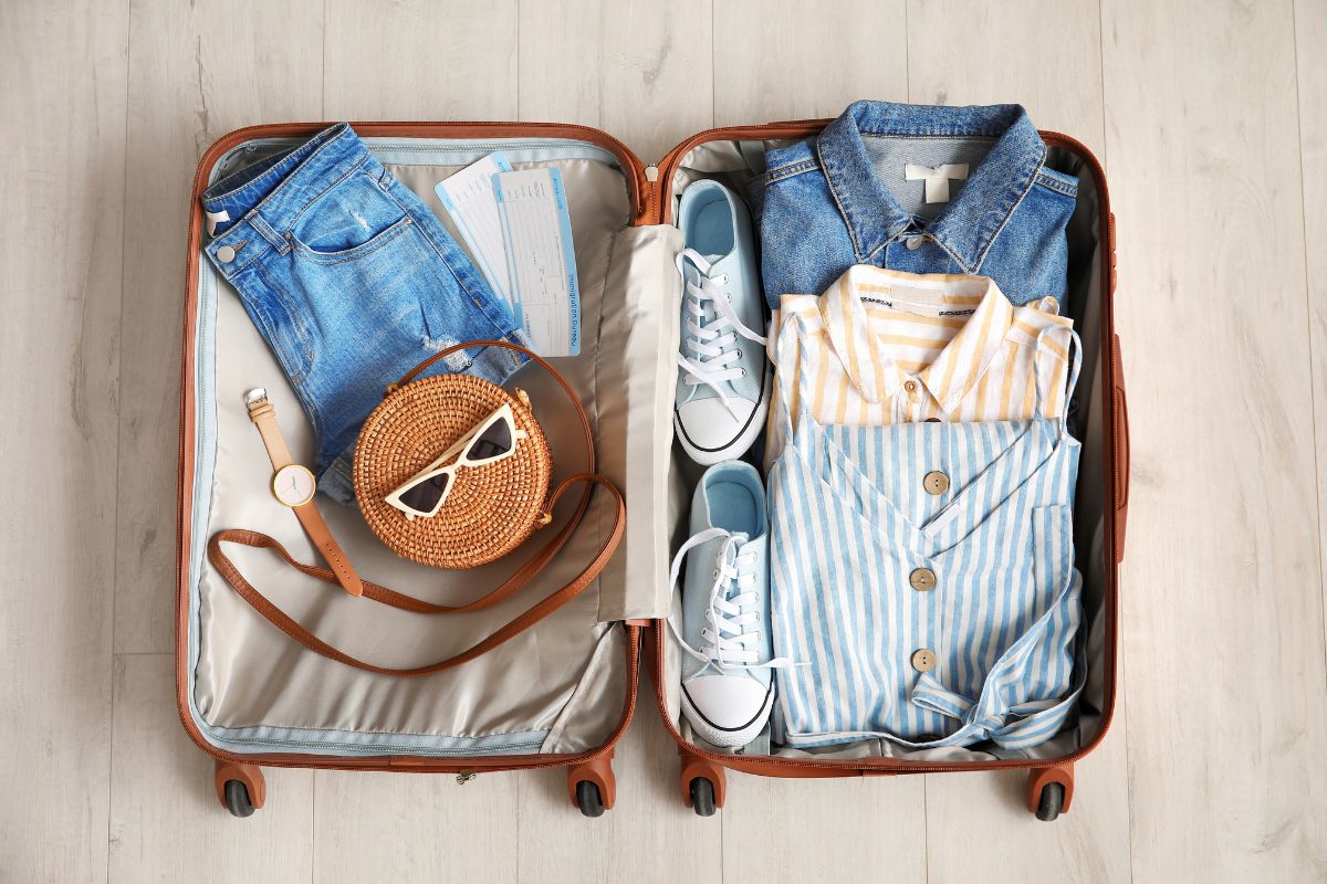 a packed suitcase with shirts, shoes, pants, a purse, and sungalsses