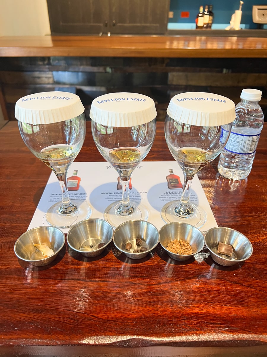 three glasses with different rums for tasting along with different tasting items such as chocolate and nuts