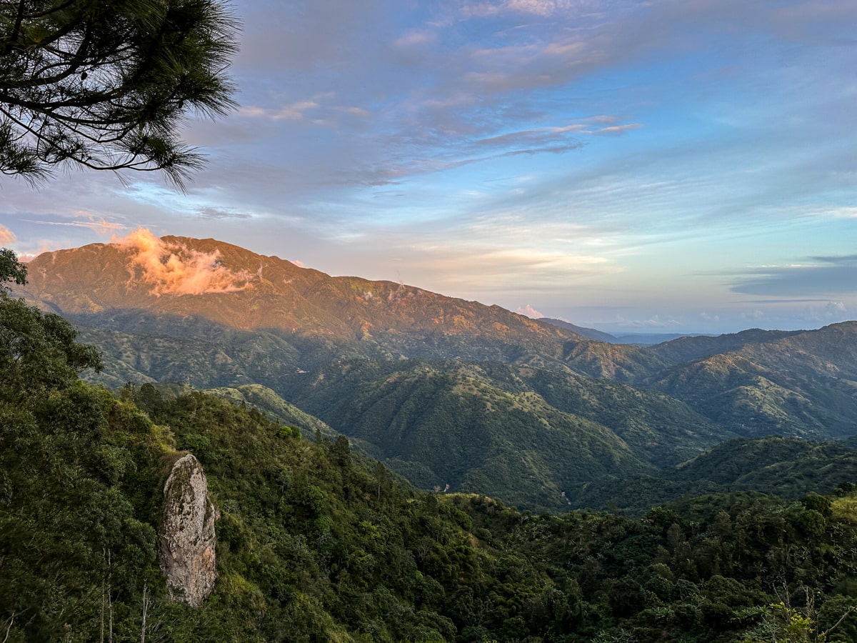Sun setting on the Blue mountain peak in the blue mountains of Jamaica