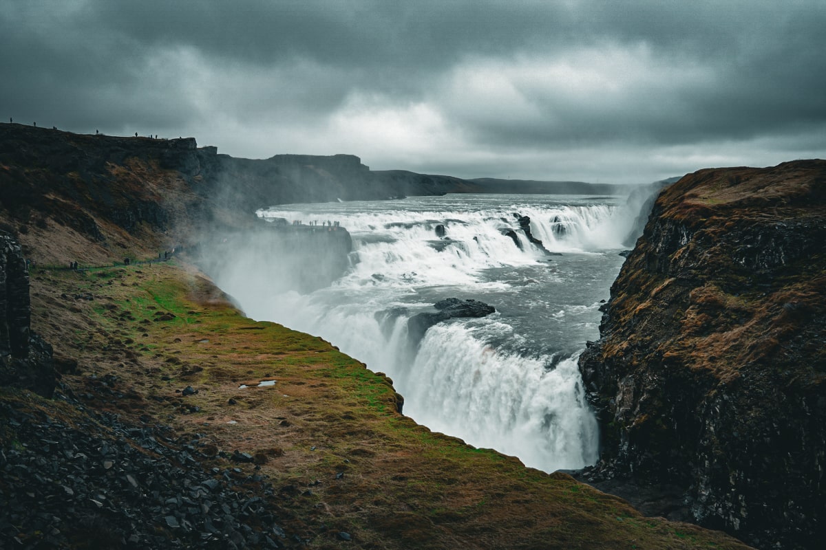 dark clouds over the famous Gullfoss waterfall in Iceland