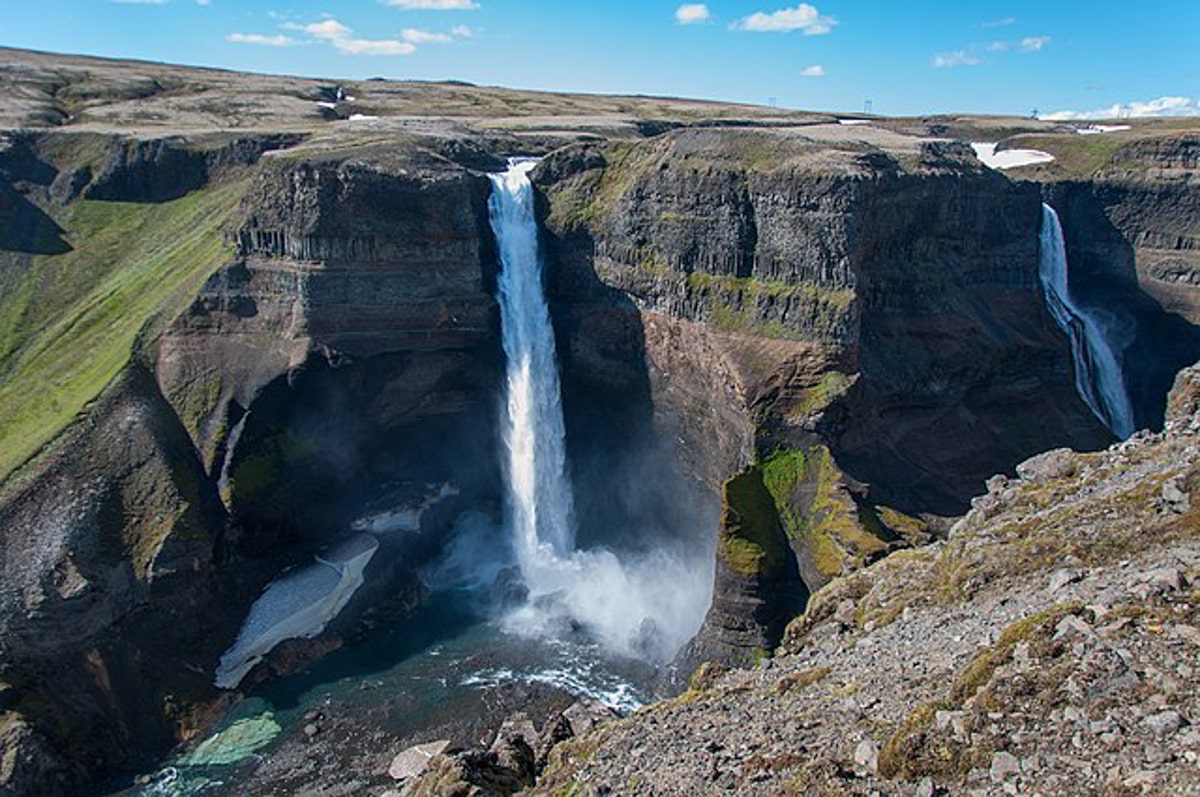 view of Haifoss and Granni waterfalls in Iceland from above with blue skies