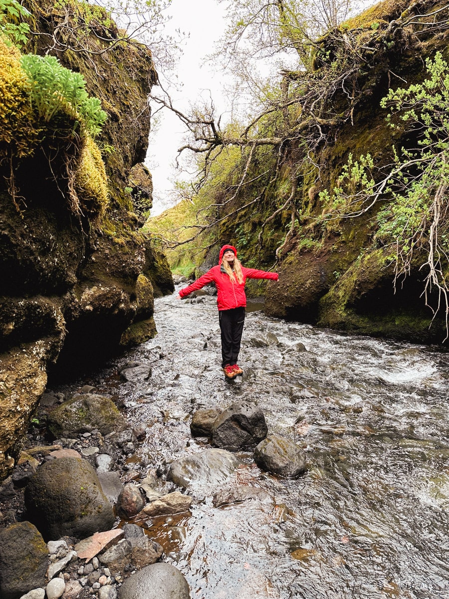 woman standing in the middle of a river between two moss covered canyons with a red rain jacket in Iceland