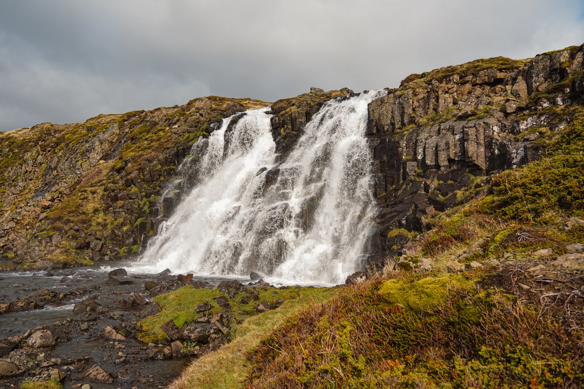 a hidden waterfall located on the side of the road with green grass and rocky terrain