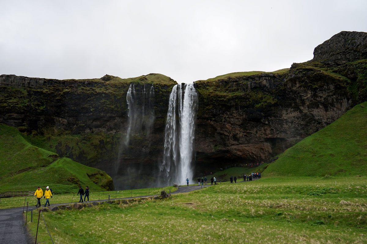 People walking to and behind the Seljalandsfoss waterfall in Iceland surrounded by lush green grass