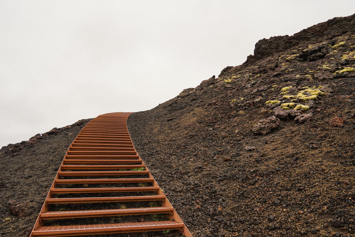 stairway leading up to Saxholl crater on the Snaefellsnes Peninsula in Iceland on a cloudy gloomy day