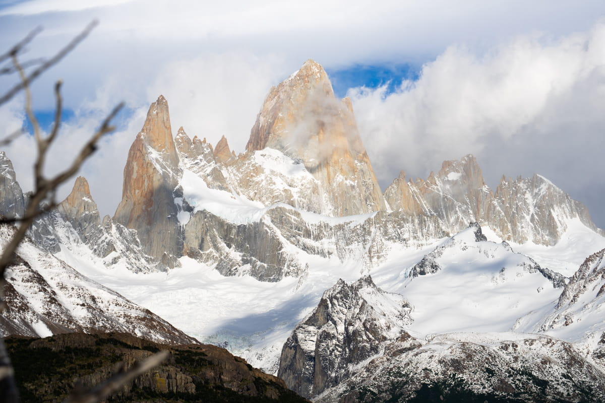 Mount Fitz roy in the distance trekking the Laguna de Los Tres trail in Patagonia Argentina