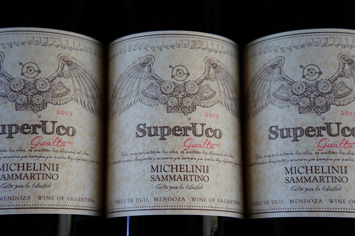 close ups of bottles of wine at SuperUco winery in Mendoza Argentina